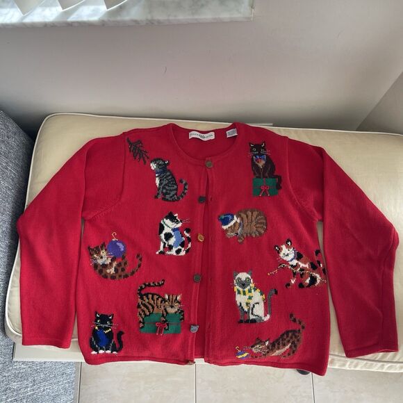 vintage marisa christina Red sweater Cat Bell Christmas M - Picture 3 of 14